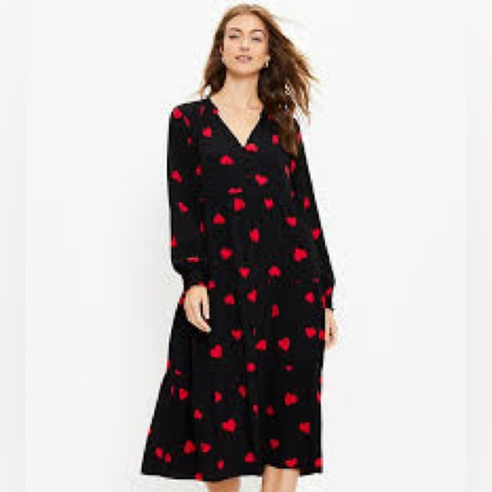 NWT Loft Heart Tiered Button Midi Swing Dress - Size M